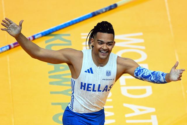 Greece's Emmanouil Karalis reacts after his jump in the men's pole vault final during the World Athletics Indoor Championships Kujawy Pomorze 2026 in Torun, Poland on March 21, 2026. (Photo by Kirill KUDRYAVTSEV / AFP)