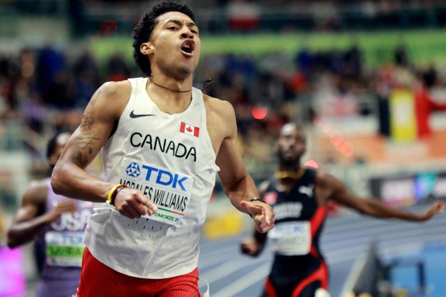 Canada's Christopher Morales Williams reacts after winning the men's heptathlon 1000m final 2 during the World Athletics Indoor Championships Kujawy Pomorze 2026 in Torun, Poland on March 21, 2026. (Photo by Wojtek RADWANSKI / AFP)