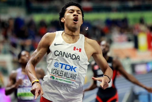 Canada's Christopher Morales Williams reacts after winning the men's heptathlon 1000m final 2 during the World Athletics Indoor Championships Kujawy Pomorze 2026 in Torun, Poland on March 21, 2026. (Photo by Wojtek RADWANSKI / AFP)