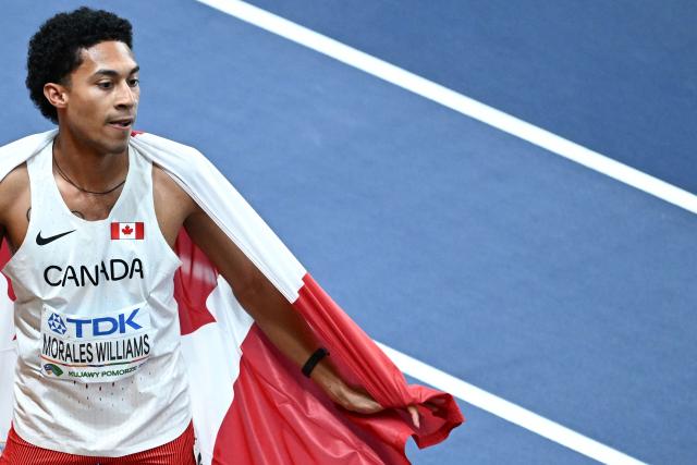 Canada's Christopher Morales Williams celebrates after winning the men's heptathlon 1000m final during the World Athletics Indoor Championships Kujawy Pomorze 2026 in Torun, Poland on March 21, 2026. (Photo by Kirill KUDRYAVTSEV / AFP)
