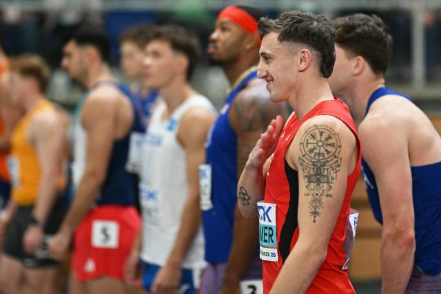 Switzerland's Simon Ehammer (R) reacts prior to the men's heptathlon 1000m final during the World Athletics Indoor Championships Kujawy Pomorze 2026 in Torun, Poland on March 21, 2026. (Photo by Andrej ISAKOVIC / AFP)