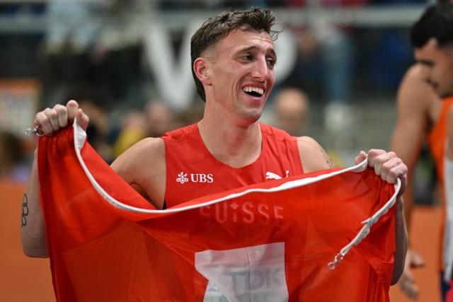 Switzerland's Simon Ehammer celebrates winning after competing in the men's heptathlon 1000m final during the World Athletics Indoor Championships Kujawy Pomorze 2026 in Torun, Poland on March 21, 2026. (Photo by Andrej ISAKOVIC / AFP)
