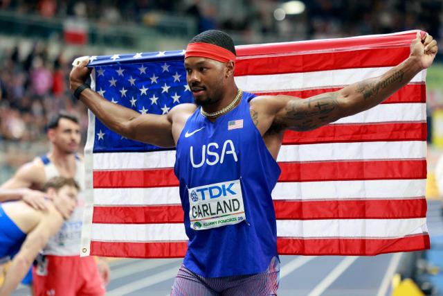 USA's Kyle Garland reacts after taking bronze after the men's heptathlon 1000m final during the World Athletics Indoor Championships Kujawy Pomorze 2026 in Torun, Poland on March 21, 2026. (Photo by Wojtek RADWANSKI / AFP)