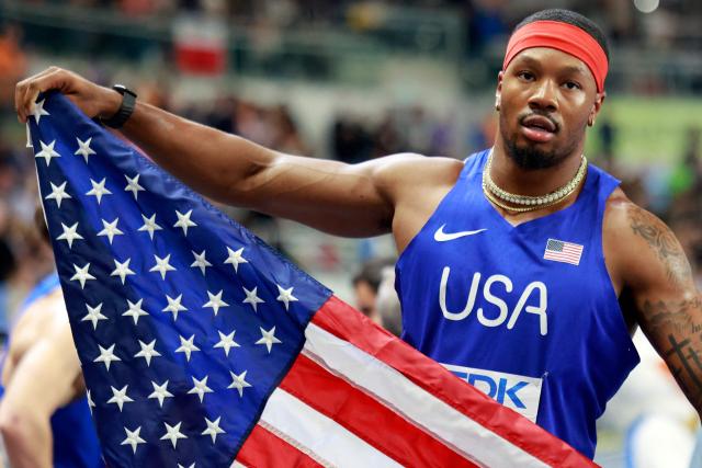 USA's Kyle Garland reacts after taking bronze after the men's heptathlon 1000m final during the World Athletics Indoor Championships Kujawy Pomorze 2026 in Torun, Poland on March 21, 2026. (Photo by Wojtek RADWANSKI / AFP)