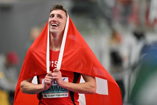 TOPSHOT - Switzerland's Simon Ehammer celebrates winning after competing in the men's heptathlon 1000m final during the World Athletics Indoor Championships Kujawy Pomorze 2026 in Torun, Poland on March 21, 2026. (Photo by Andrej ISAKOVIC / AFP)