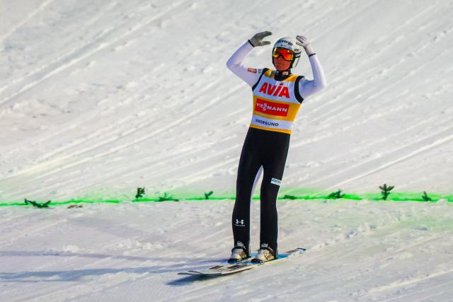 Austria's Stephan Embacher reacts during the men's ski flying event of the FIS Ski Jumping World Cup in Vikersund, Norway on March 21, 2028. (Photo by Trond R Teigen / NTB / AFP) / Norway OUT