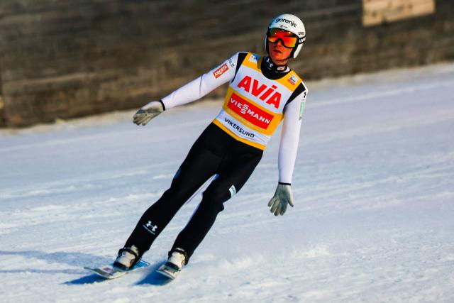 Austria's Stephan Embacher reacts during the men's ski flying event of the FIS Ski Jumping World Cup in Vikersund, Norway on March 21, 2028. (Photo by Trond R Teigen / NTB / AFP) / Norway OUT