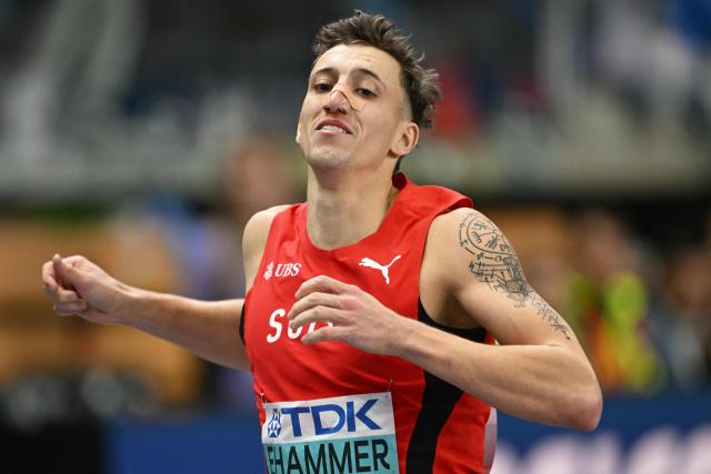 Switzerland's Simon Ehammer reacts after competing in the men's heptathlon 1000m final during the World Athletics Indoor Championships Kujawy Pomorze 2026 in Torun, Poland on March 21, 2026. (Photo by Andrej ISAKOVIC / AFP)