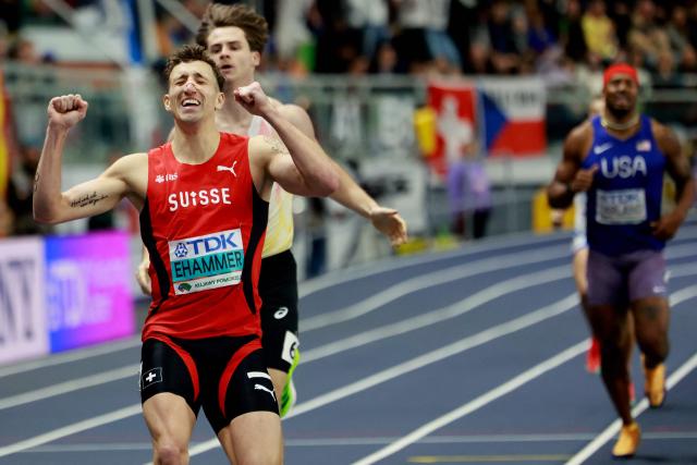 Switzerland's Simon Ehammer crosses the line to take gold in the men's heptathlon 1000m final during the World Athletics Indoor Championships Kujawy Pomorze 2026 in Torun, Poland on March 21, 2026. (Photo by Wojtek RADWANSKI / AFP)