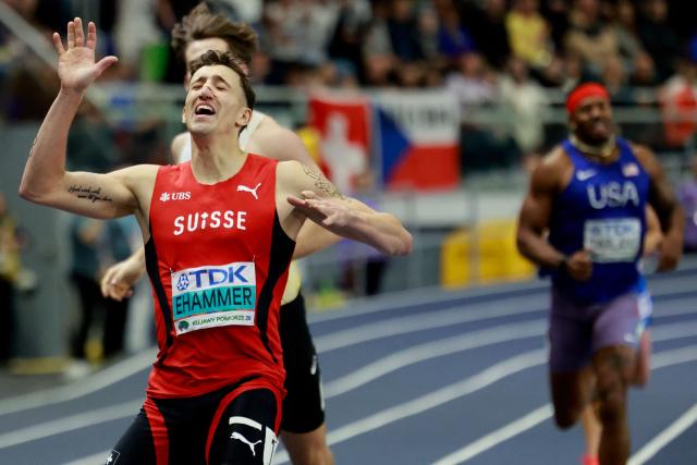 Switzerland's Simon Ehammer crosses the line to take gold in the men's heptathlon 1000m final during the World Athletics Indoor Championships Kujawy Pomorze 2026 in Torun, Poland on March 21, 2026. (Photo by Wojtek RADWANSKI / AFP)