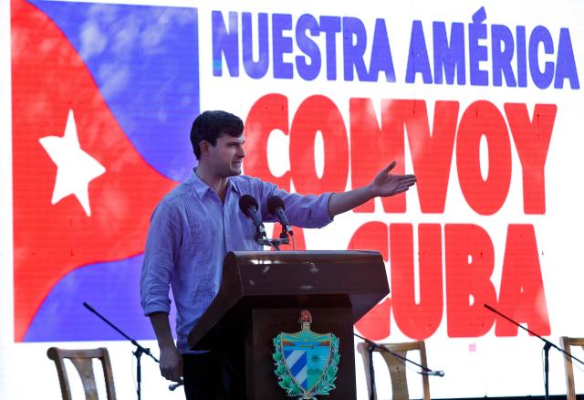 Progressive International's general coordinator David Adler speaks during an event at the Cuban Institute for Friendship with the Peoples (ICAP) in Havana, on March 21, 2026. (Photo by Ernesto Mastrascusa / POOL / AFP)