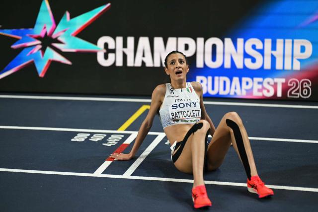 First placed Italy's Nadia Battocletti reacts after competing in the women's 3000m final during the World Athletics Indoor Championships Kujawy Pomorze 2026 in Torun, Poland on March 21, 2026. (Photo by Andrej ISAKOVIC / AFP)