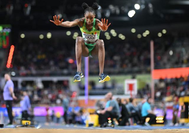 Senegal's Saly Sarr competes in the women's triple jump final during the World Athletics Indoor Championships Kujawy Pomorze 2026 in Torun, Poland on March 21, 2026. (Photo by Andrej ISAKOVIC / AFP)