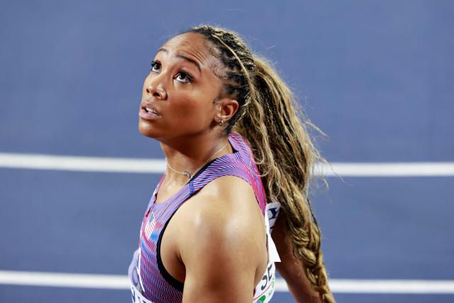 USA's Jacious Sears reacts after the women's 60m semi-final heat 1 during the World Athletics Indoor Championships Kujawy Pomorze 2026 in Torun, Poland on March 21, 2026. (Photo by Wojtek RADWANSKI / AFP)