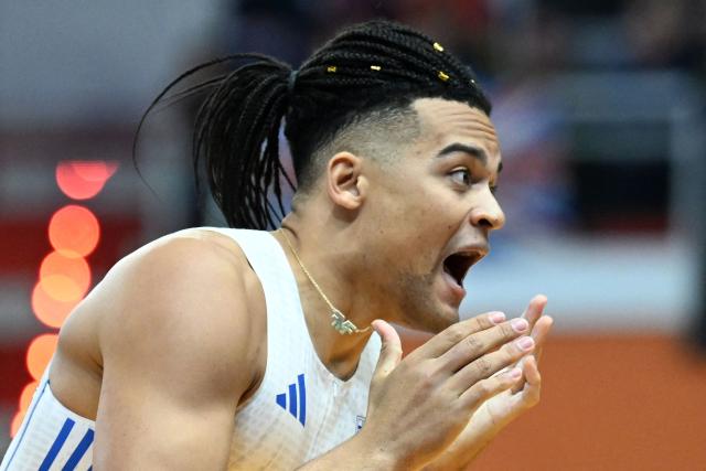 Greece's Emmanouil Karalis reacts after his jump in the men's pole vault final during the World Athletics Indoor Championships Kujawy Pomorze 2026 in Torun, Poland on March 21, 2026. (Photo by Kirill KUDRYAVTSEV / AFP)