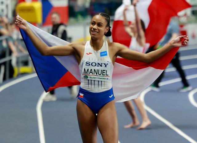 Czech Republic's Lurdes Gloria Manuel celebrates after winning the women's 400m final 2 during the World Athletics Indoor Championships Kujawy Pomorze 2026 in Torun, Poland on March 21, 2026. (Photo by Wojtek RADWANSKI / AFP)