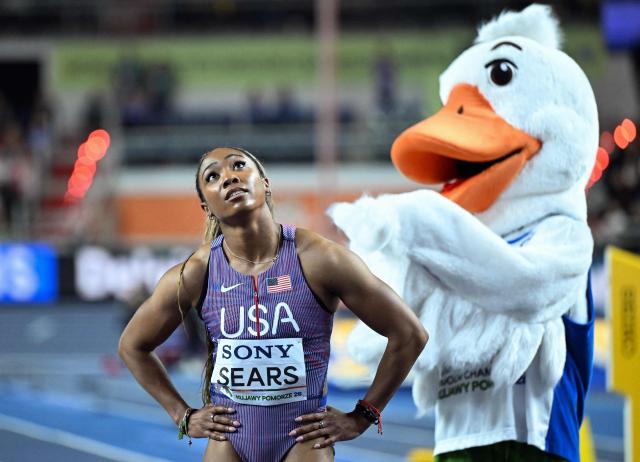 Second placed USA's Jacious Sears reacts after the women's 60m final during the World Athletics Indoor Championships Kujawy Pomorze 2026 in Torun, Poland on March 21, 2026. (Photo by Kirill KUDRYAVTSEV / AFP)