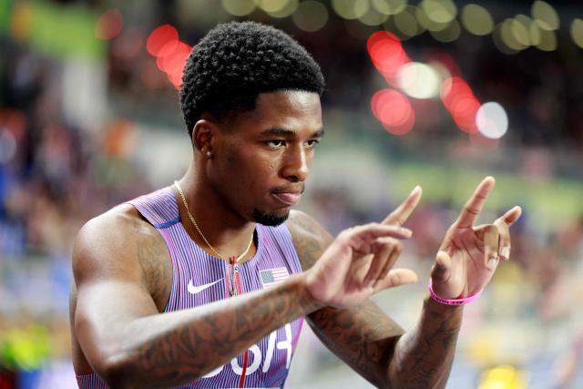 USA's Khaleb McRae reacts before the men's heptathlon 1000m final 2 during the World Athletics Indoor Championships Kujawy Pomorze 2026 in Torun, Poland on March 21, 2026. (Photo by Wojtek RADWANSKI / AFP)