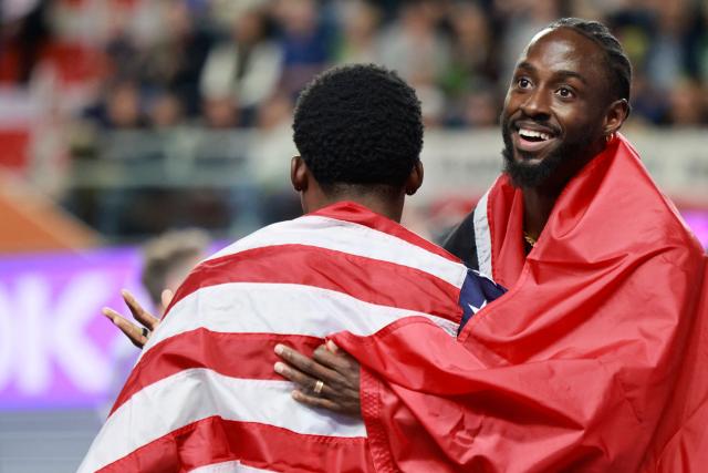 Trinidad and Tobago's Jereem Richards celebrates bronze in the men's heptathlon 400m final during the World Athletics Indoor Championships Kujawy Pomorze 2026 in Torun, Poland on March 21, 2026. (Photo by Wojtek RADWANSKI / AFP)