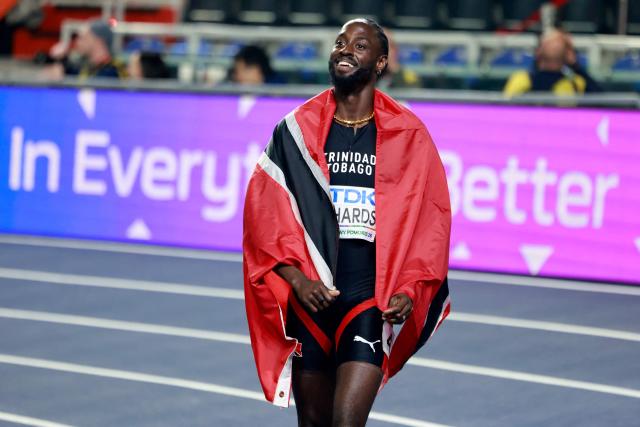 CORRECTION / Trinidad and Tobago's Jereem Richards celebrates bronze in the men's heptathlon 400m final during the World Athletics Indoor Championships Kujawy Pomorze 2026 in Torun, Poland on March 21, 2026. (Photo by Wojtek RADWANSKI / AFP) / “The erroneous mention[s] appearing in the metadata of this photo by Wojtek RADWANSKI has been modified in AFP systems in the following manner: [---] instead of [---]. Please immediately remove the erroneous mention[s] from all your online services and delete it (them) from your servers. If you have been authorized by AFP to distribute it (them) to third parties, please ensure that the same actions are carried out by them. Failure to promptly comply with these instructions will entail liability on your part for any continued or post notification usage. Therefore we thank you very much for all your attention and prompt action. We are sorry for the inconvenience this notification may cause and remain at your disposal for any further information you may require.”
