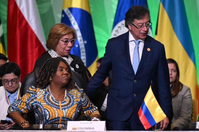 Colombia's President Gustavo Petro (R), Vice President Francia Marquez (L) and Foreign Minister Rosa Villavicencio (back, L) attend the X Summit of Heads of State and Government, within the framework of the CELAC-Africa High-Level Forum, in Bogota on March 21, 2026. (Photo by Raul ARBOLEDA / AFP)