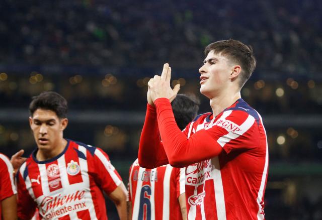Guadalajara's forward #34 Armando Gonzalez celebrates after scoring the opening goal during the Liga MX Clausura football match between Monterrey and Guadalajara at the BBVA Stadium in Monterrey, Mexico, on March 21, 2026. (Photo by Julio Cesar AGUILAR / AFP)
