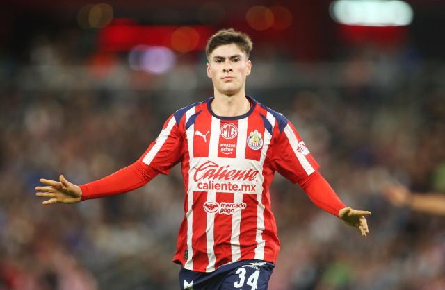 Guadalajara's forward #34 Armando Gonzalez celebrates after scoring the opening goal during the Liga MX Clausura football match between Monterrey and Guadalajara at the BBVA Stadium in Monterrey, Mexico, on March 21, 2026. (Photo by Julio Cesar AGUILAR / AFP)