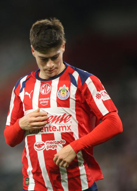 Guadalajara's forward #34 Armando Gonzalez celebrates after scoring the opening goal during the Liga MX Clausura football match between Monterrey and Guadalajara at the BBVA Stadium in Monterrey, Mexico, on March 21, 2026. (Photo by Julio Cesar AGUILAR / AFP)