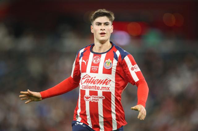 Guadalajara's forward #34 Armando Gonzalez celebrates after scoring the opening goal during the Liga MX Clausura football match between Monterrey and Guadalajara at the BBVA Stadium in Monterrey, Mexico, on March 21, 2026. (Photo by Julio Cesar AGUILAR / AFP)