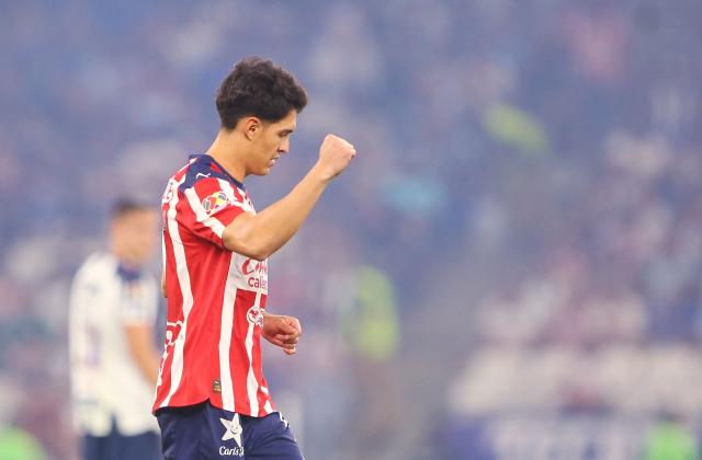 Guadalajara's defender #21 Jose Castillo celebrates after scoring his team's second goal during the Liga MX Clausura football match between Monterrey and Guadalajara at the BBVA Stadium in Monterrey, Mexico, on March 21, 2026. (Photo by Julio Cesar AGUILAR / AFP)