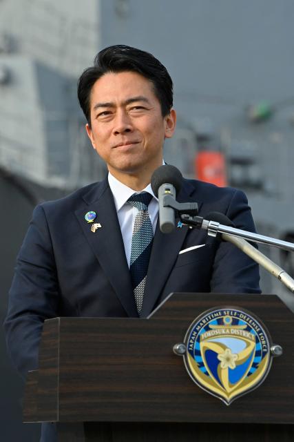 Japan's Defence Minister Shinjiro Koizumi speaks during a joint press statement with his German counterpart Boris Pistorius (not seen) at the Japan Maritime Self-Defense Force naval base in Yokosuka, south of Tokyo on March 22, 2026. (Photo by David Mareuil / POOL / AFP)