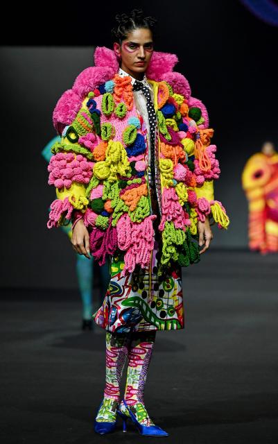 A model presents a creation by FDCI x Pearl Academy First Cut during the Lakmé Fashion Week in Mumbai on March 22, 2026. (Photo by Sujit JAISWAL / AFP)