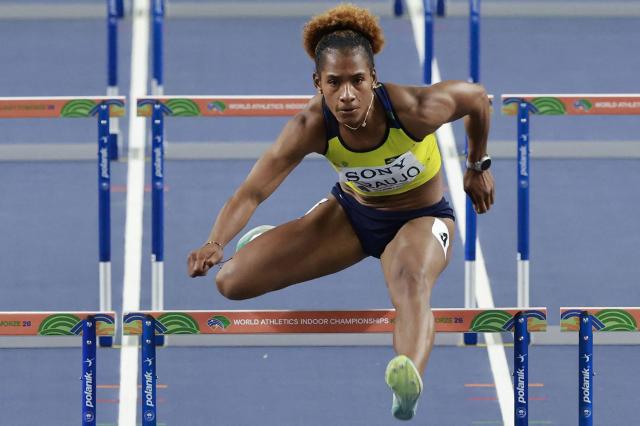 Colombia's Martha Araujo competes in the women's pentathlon 60 metres hurdles heat 1 during the World Athletics Indoor Championships Kujawy Pomorze 2026 in Torun, Poland on March 22, 2026. (Photo by Wojtek RADWANSKI / AFP)