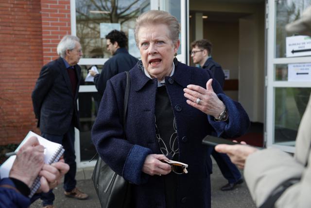 Strasbourg's left-wing Parti Socialiste's (PS) mayoral candidate Catherine Trautmann speaks to the press after casting her vote during the second round of France's 2026 municipal elections in Strasbourg, eastern France on March 22, 2026. (Photo by Romeo BOETZLE / AFP)