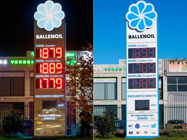 (COMBO) This combination of pictures created on March 22, 2026 shows
prices of combustible per litre displayed at a petrol station in Burgos, northern Spain on March 20, 2026 (L) and the prices down following government measures on March 22, 2026 (R).. Spanish Prime Minister announced on March 20 a sweeping package worth five billion euros ($5.8 billion) aimed at cushioning the economic impact of the Middle East war, including cuts to value-added tax on gas and fuel expected to reduce pump prices by as much as 30 euro cents per litre, or roughly 20 euros per tank for the average car.
Spanish Prime Minister announced on March 20 a sweeping package worth five billion euros ($5.8 billion) aimed at cushioning the economic impact of the Middle East war, including cuts to value-added tax on gas and fuel expected to reduce pump prices by as much as 30 euro cents per litre, or roughly 20 euros per tank for the average car. (Photo by CESAR MANSO / AFP)