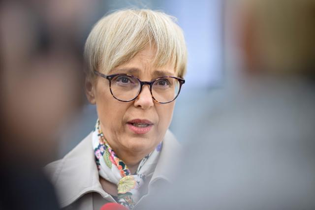 Slovenias President Natasa Pirc Musar addresses media representatives at a polling station after casting her vote during the general election in Radomlje on March 22, 2026. Slovenians are voting in tight parliamentary elections, with the conservatives of veteran politician Janez Jansa, an admirer of US President Donald Trump, eyeing a comeback. A Jansa return could see the ex-Yugoslav nation, a European Union member of two million people, take an illiberal turn again after four years of centre-left rule under liberal Prime Minister Robert Golob. (Photo by Jure Makovec / AFP)