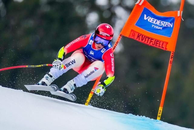 Switzerland's Corinne Suter competes during the women's FIS Ski World Cup super-G event in Kvitfjell, near Lillehammer, Norway on March 22, 2026. (Photo by Cornelius Poppe / NTB / AFP) / Norway OUT