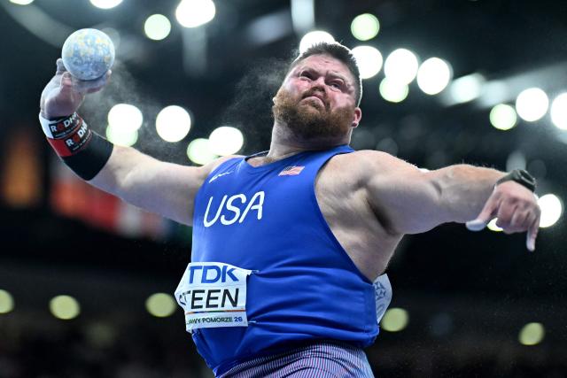 USA's Roger Steen competes in the men's final shot put event during the World Athletics Indoor Championships Kujawy Pomorze 2026 in Torun, Poland on March 22, 2026. (Photo by Kirill KUDRYAVTSEV / AFP)