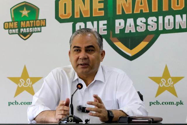 Pakistan Cricket Board chairman and the country's interior minister Mohsin Naqvi speaks during a press conference in Lahore on March 22, 2026. Pakistan's Twenty20 league will be held on schedule from March 26 but without crowds and only at two venues to save resources due to the Gulf crisis, the country's cricket chief announced on March 22. (Photo by AFP)