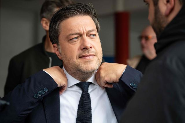 Marseille's incumbent mayor and broad left-wing coalition Printemps Marseillais candidate for re-election Benoit Payan leaves the polling station after voting during the second round of France's 2026 municipal elections in Marseille, southern France on March 22, 2026. (Photo by Elodie CLEMENT / AFP)