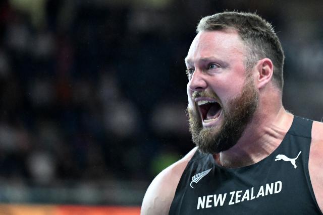 New Zealand's Tom Walsh celebrates after winning the men's final shot put event during the World Athletics Indoor Championships Kujawy Pomorze 2026 in Torun, Poland on March 22, 2026. (Photo by Kirill KUDRYAVTSEV / AFP)
