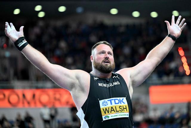 New Zealand's Tom Walsh celebrates after winning the men's final shot put event during the World Athletics Indoor Championships Kujawy Pomorze 2026 in Torun, Poland on March 22, 2026. (Photo by Kirill KUDRYAVTSEV / AFP)