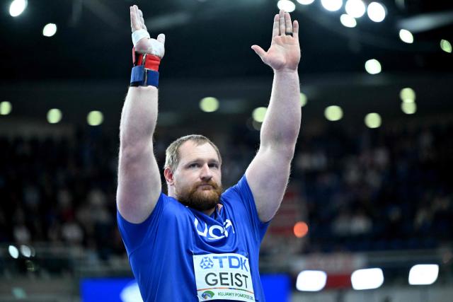 USA's Jordan Geist reacts after the men's final shot put event during the World Athletics Indoor Championships Kujawy Pomorze 2026 in Torun, Poland on March 22, 2026. (Photo by Kirill KUDRYAVTSEV / AFP)