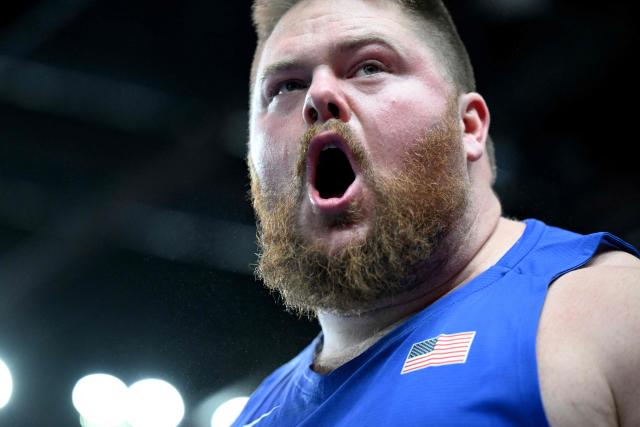 USA's Roger Steen celebrates after the men's final shot put event during the World Athletics Indoor Championships Kujawy Pomorze 2026 in Torun, Poland on March 22, 2026. (Photo by Kirill KUDRYAVTSEV / AFP)