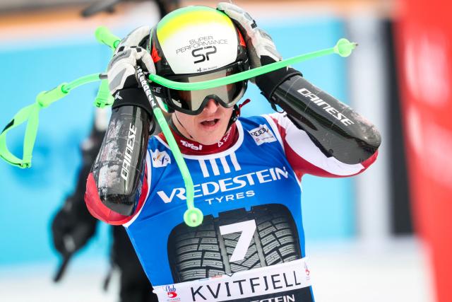 Austria's Raphael Haaser reacts after his race during the men's FIS Ski World Cup super-G event in Kvitfjell, near Lillehammer, Norway on March 22, 2026. (Photo by Geir Olsen / NTB / AFP) / Norway OUT