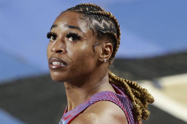 USA's Alia Armstrong reacts after competing in the women's 60 metres hurdles heat 6 during the World Athletics Indoor Championships Kujawy Pomorze 2026 in Torun, Poland on March 22, 2026. (Photo by Wojtek RADWANSKI / AFP)