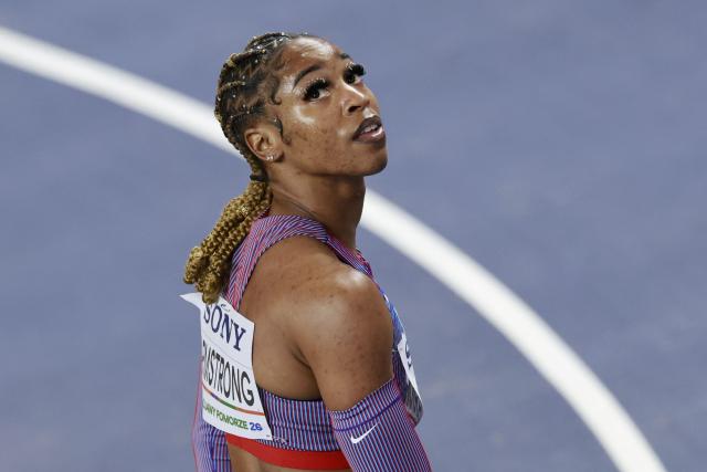 USA's Alia Armstrong reacts after competing in the women's 60 metres hurdles heat 6 during the World Athletics Indoor Championships Kujawy Pomorze 2026 in Torun, Poland on March 22, 2026. (Photo by Wojtek RADWANSKI / AFP)