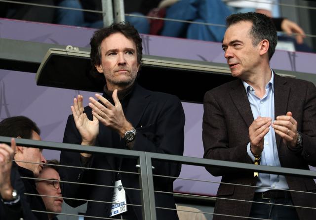 French representative of the Agache family holding company, Antoine Arnault (L) applauds during the French L1 football match between Paris FC and Le Havre AC at the Stade Jean-Bouin in Paris on March 22, 2026. (Photo by FRANCK FIFE / AFP)