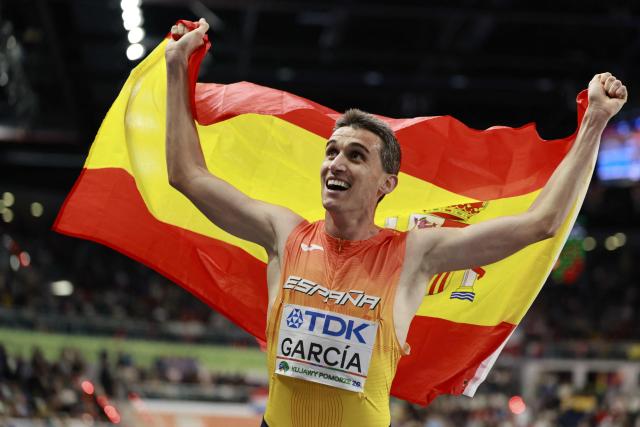 Spain's Mariano García celebrates after competing in the men's final 1500 metres event during the World Athletics Indoor Championships Kujawy Pomorze 2026 in Torun, Poland on March 22, 2026. (Photo by Wojtek RADWANSKI / AFP)
