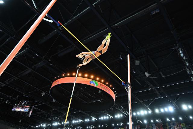 Britain's Molly Caudery competes in the women's final pole vault event during the World Athletics Indoor Championships Kujawy Pomorze 2026 in Torun, Poland on March 22, 2026. (Photo by Kirill KUDRYAVTSEV / AFP)